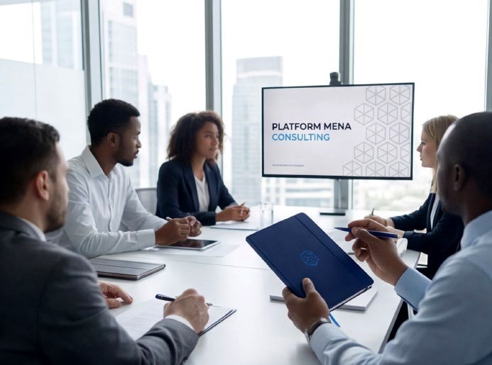 Consultants reviewing strategy in a meeting room